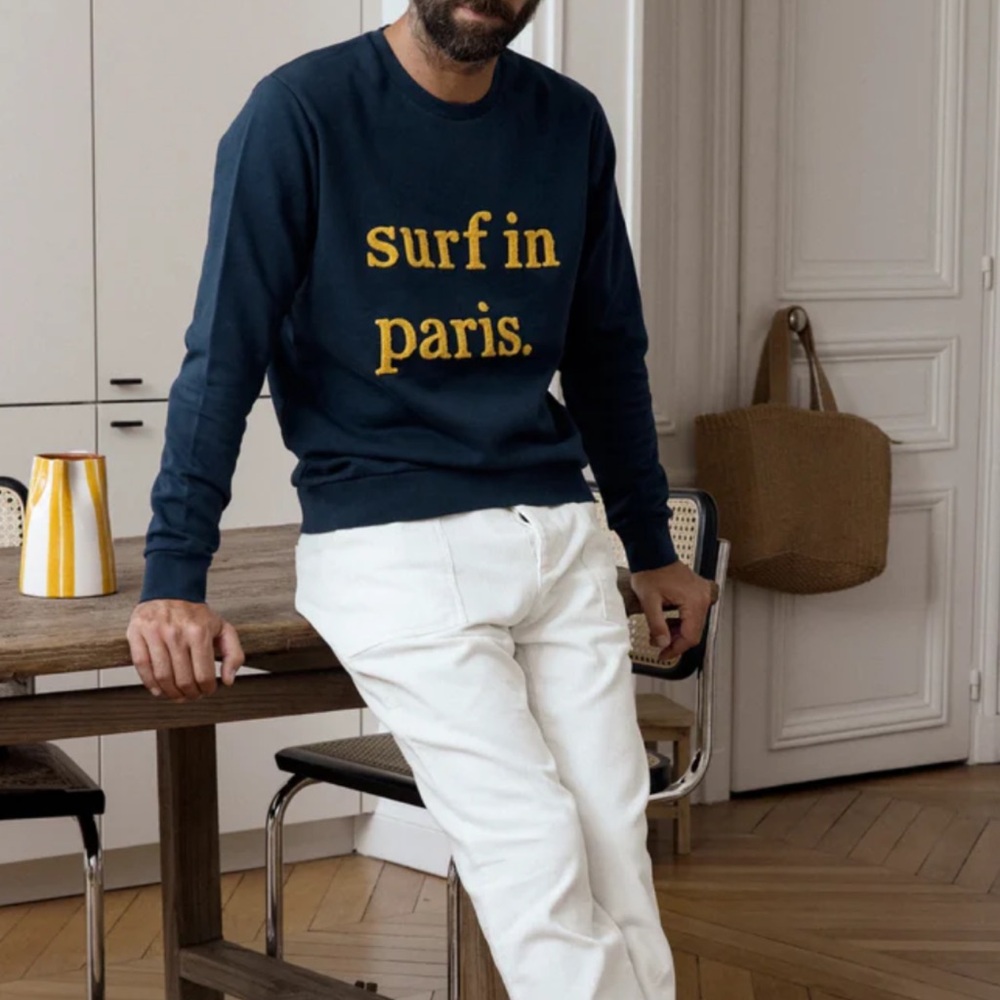Stylish Navy Crewneck Sweater with Yellow Text